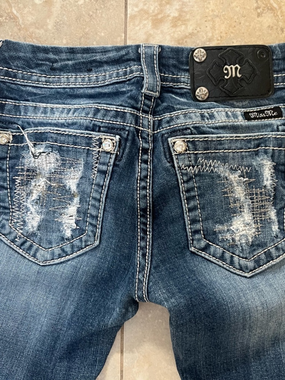Miss Me Blue Distressed Embellished Back Pocket Jeans